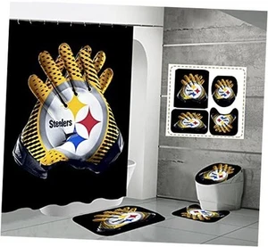 4 Pcs Shower Curtain Set with Toilet Lid Cover Mat Non-Slip Rug Bath Mat and - Picture 1 of 8