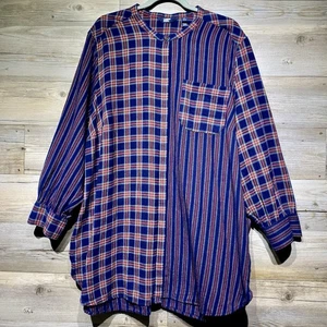 Lands End Übergröße 3X Flanell Tunika Hemd blau kariert & Streifen Knopfleiste Taschen - Bild 1 von 9