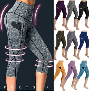 3/4 Womens High waist Yoga Pants Pocket Gym Leggings Capri Fitness Sport Running - Picture 1 of 23