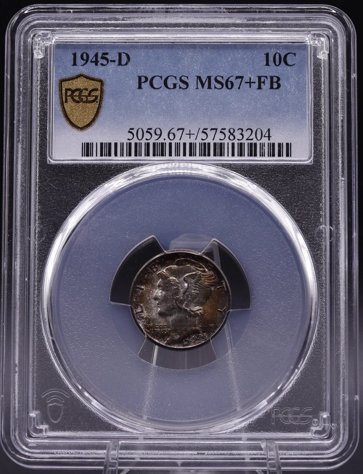 1945-D Mercury Dime 10C Silver PCGS MS67+ FB Full Bands Gem Rainbow Toned - Image 1 of 4