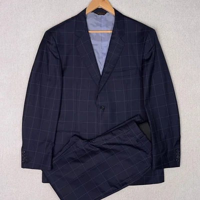 Giovanni Bespoke VBC Super 110 Twill Wool 2 Piece Suit 46R 36x32 Navy Windowpane - Image 1 of 4