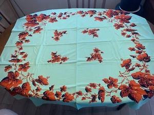 Mid Century 1950er/60er Jahre Tischdecke grün mit verbrannten orangefarbenen Blättern 53"" x 48"" SAUBER - Bild 1 von 4