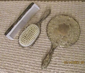 Antique Vanity Mirror Brush and Comb Set Silver Plated - Picture 1 of 9