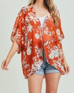 Rust White Floral Print Boho Lightweight Chiffon Cardigan Kimono One-Size - Picture 1 of 4