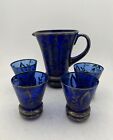 Vintage Cobalt Blue Glass Jug & 4 Cups with Pewter Details GC (AN_7543)
