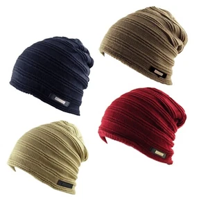 FSH .Cable Ribbed Knit Faux Fleece Fur Warm Inner Lined Slouch Beanie Ski Cap - Picture 1 of 8