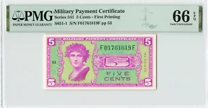 MILITARY PAYMENT CERTIFICATE MPC 5 Cents Series 541, S851-1, PMG 66 EPQ Gem UNC - Picture 1 of 2