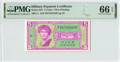 MILITARY PAYMENT CERTIFICATE MPC 5 Cents Series 541, S851-1, PMG 66 EPQ Gem UNC - Image 1 of 2