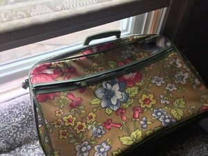 Vintage 70s Small Mid Century Modern Green Floral Suitcase Luggage Doll Case MCM