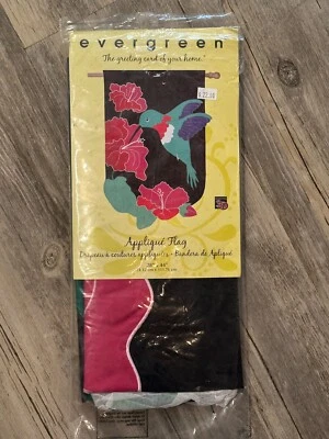 Evergreen Hummingbird Garden Flag Appliqué Embroidered 28"x 44" Hibiscus - Image 1 of 3