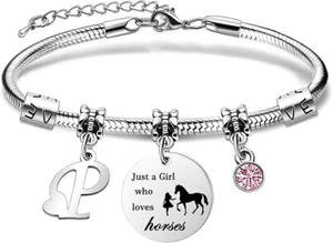 Charm Bracelet with Initial Letter P and Just A Girls Who Loves Horses - Picture 1 of 5
