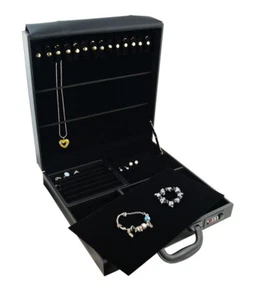 Travel Case Black Leatherette Slotted Ring Tray Velvet Pads Chain Snap Jewellery - Picture 1 of 7