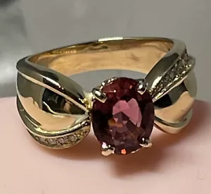 TORMALINA ROSA 2,0 ct. e. ANELLO DI DESIGN DIAMANTE 14K YL/ORO BOMBA GAMBO - TG.8 - Foto 1 di 9