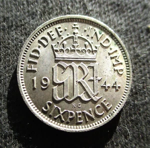 OLD SILVER SIXPENCE 1944 COIN OF GREAT BRITAIN UK KING GEORGE VI WORLD WAR II Ag - Picture 1 of 2