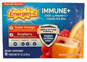90 Emergen-C Immune + Plus SUPER ORANGE Raspberry Immune Support ZINC Vitamin D - Picture 1 of 3