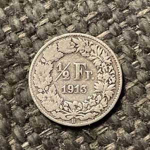 1913 B Switzerland 1/2 Franc Silver Coin. Low Mintage 800k - Picture 1 of 2