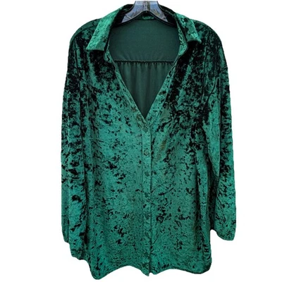 Blusa feminina verde esmeralda veludo esmagado gola V botão grande silenciosa luxo Natal - Imagem 1 de 4