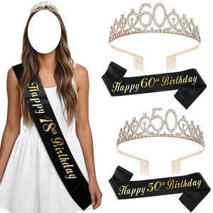 1 juego de corona de tiara de estrás de cristal brillante y faja a juego para fiesta de cumpleaños - Imagen 1 de 19