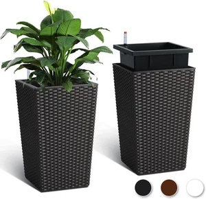US 2PCS Tall Rattan Planter 16/22.5" Flower Pot Water Level Monitor Wheel Patio - Picture 1 of 50