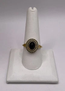 Vintage Avon Faux Black Onyx Cabochon Seed Pearl Gold Tone Ring Size 9.25 - Picture 1 of 7
