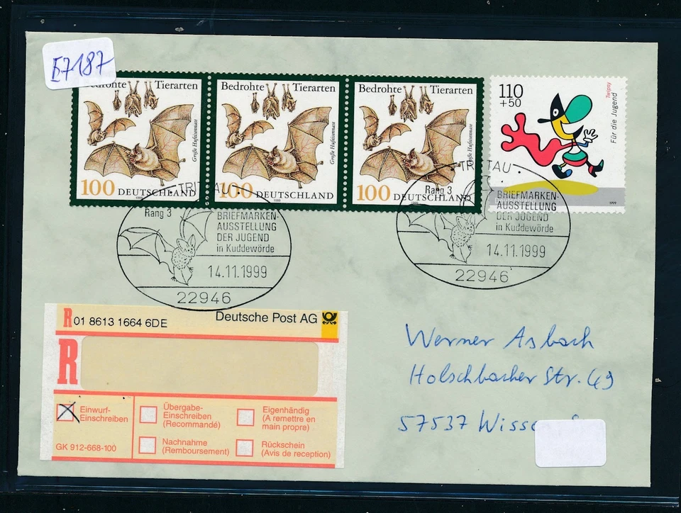 E7187) Reco-Brief, R-Label "EE", SST 22946 Trittau BMA Abb.Fledermaus - Bild 1 von 1