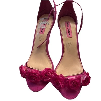 Betsey Johnson Shoes Evening Heels Sandals  7.5  Pink Strappy Roses Stilettos - Image 1 of 4