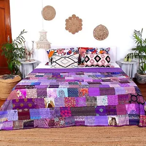 Indian Patchwork patola Silk Kantha Quilt Bedspread Blanket Coverlet Bedding - Picture 1 of 6
