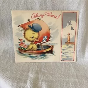 Vintage Geburtstagskarte Ente im Boot Ahoi da - Bild 1 von 2