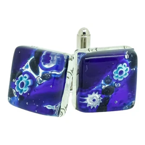Murano Glass Cufflinks Blue Silver Millefiori Pair Square - Picture 1 of 6
