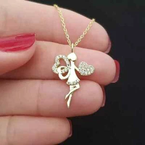 Collar Colgante Corazón Ángel Diamante Simulado Redondo 1 Ct Chapado en Oro Amarillo 14K - Imagen 1 de 5