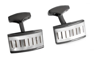 Manschettenknöpfe Perlmutt weiss + grau gunmetall  + Box MK0117wg - Bild 1 von 3