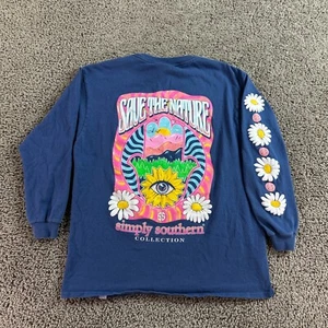 Simply Southern Shirt Girls M Blue Pink Save The Nature Daisy Long Sleeve Print - Picture 1 of 10