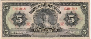 Mexico 5 Pesos Banknote 1963 Very Fine-25 Condition Pick# - Picture 1 of 2