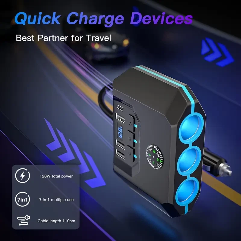 120W 7-in-1 Car Charger with LED Display - Splitter Adapter, 3 AC Outlets & 4 US - Image 1 of 4