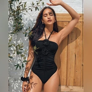 Costume da bagno nero pezzo unico reggicalze dettagli floreali costume da bagno XL A5 - Foto 1 di 5