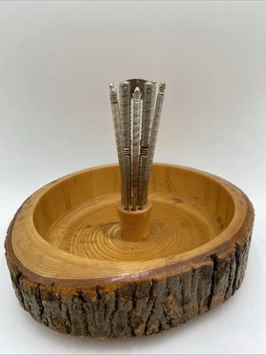 Wood Bark Nut Bowl Vtg MCM Round Dish Metal Picks Nut Cracker Rustic Retro 50's - Image 1 of 4