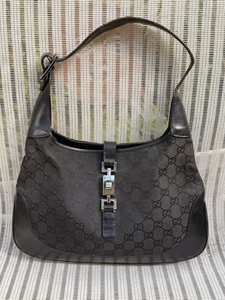 GUCCI JACKIE-O BORSA VINTAGE NERA FIRMATA TELA PELLE - Foto 1 di 11