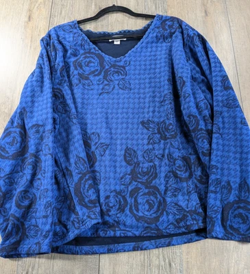 Coldwater Creek Fleece Sweater Womens Plus 3X Blue Floral Print Scallop Trim - Image 1 of 4