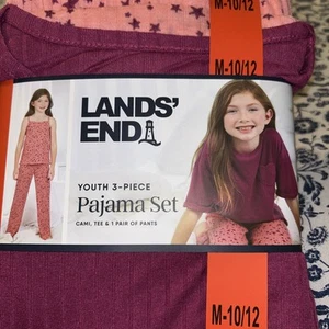 NWT Girl's Lands End Youth 3 Piece Pajama Set Pants Size Medium 10-12 Çamaşır - Picture 1 of 3
