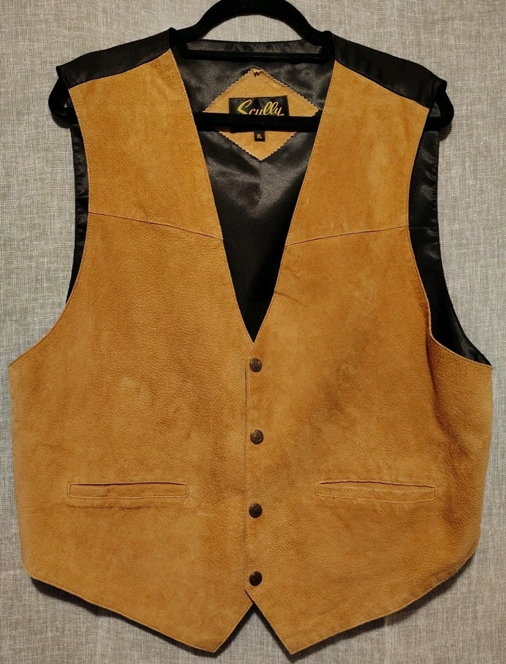 Colete de Couro Vintage Scully Masculino XL Camurça Marrom Motociclista Ocidental - Imagem 1 de 4