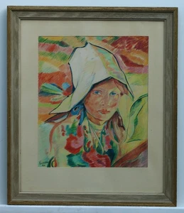 Color portrait of a girl in folk scarf – signed 1954 aquarell by Kuczaa ? framed - Bild 1 von 4