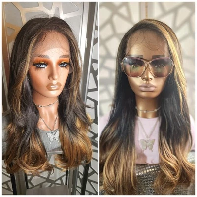 Ombre 棕色金发假发 Freepart13x6 人类头发混纺散装波浪无胶热 — 第 1/4 张图片