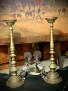 Pair Of 2 Vintage Solid Brass Candlestick Holders 15.5" Tall - Picture 1 of 2