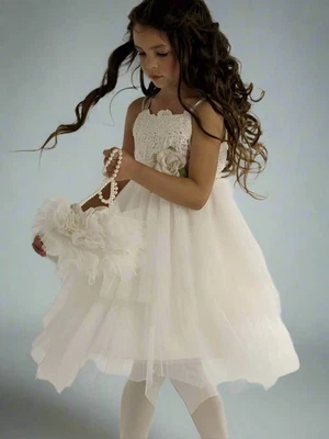 Vestido de festa e ocasião Biscotti novo com etiquetas marfim tule e renda midi meninas 7-14 - Imagem 1 de 3