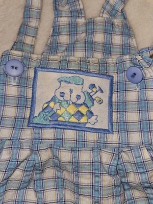 Vtg Buster Brown Novelty Boy Blue Plaid Golfer Puppy Romper Overalls 6-9M - Image 1 of 4