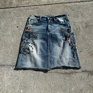 Driftwood Saydi Embroidered Floral Blue Denim Mini Jean Skirt Women’s Size 27 - Picture 1 of 16