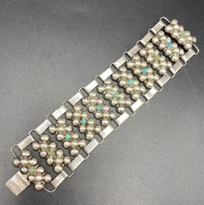 Pulsera de eslabones mexicanos anchos Mid Century esterlina y turquesa, en muy buen estado - Imagen 1 de 8