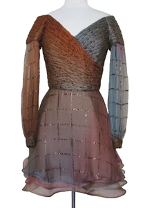 Vintage 80s Paticia Rhodes Cocktail Dress Size 4 Women Copper Gray Chiffon - Picture 1 of 11