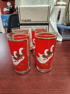 4 Culver Holly Goose 12 oz Highball Glasses Red & 22 ct Gold With Box - Picture 1 of 23