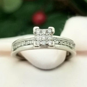 Silver Square Head Diamond Engagement Ring-925-Sterling-Natural-0.10tcw-Vintage - Picture 1 of 9
